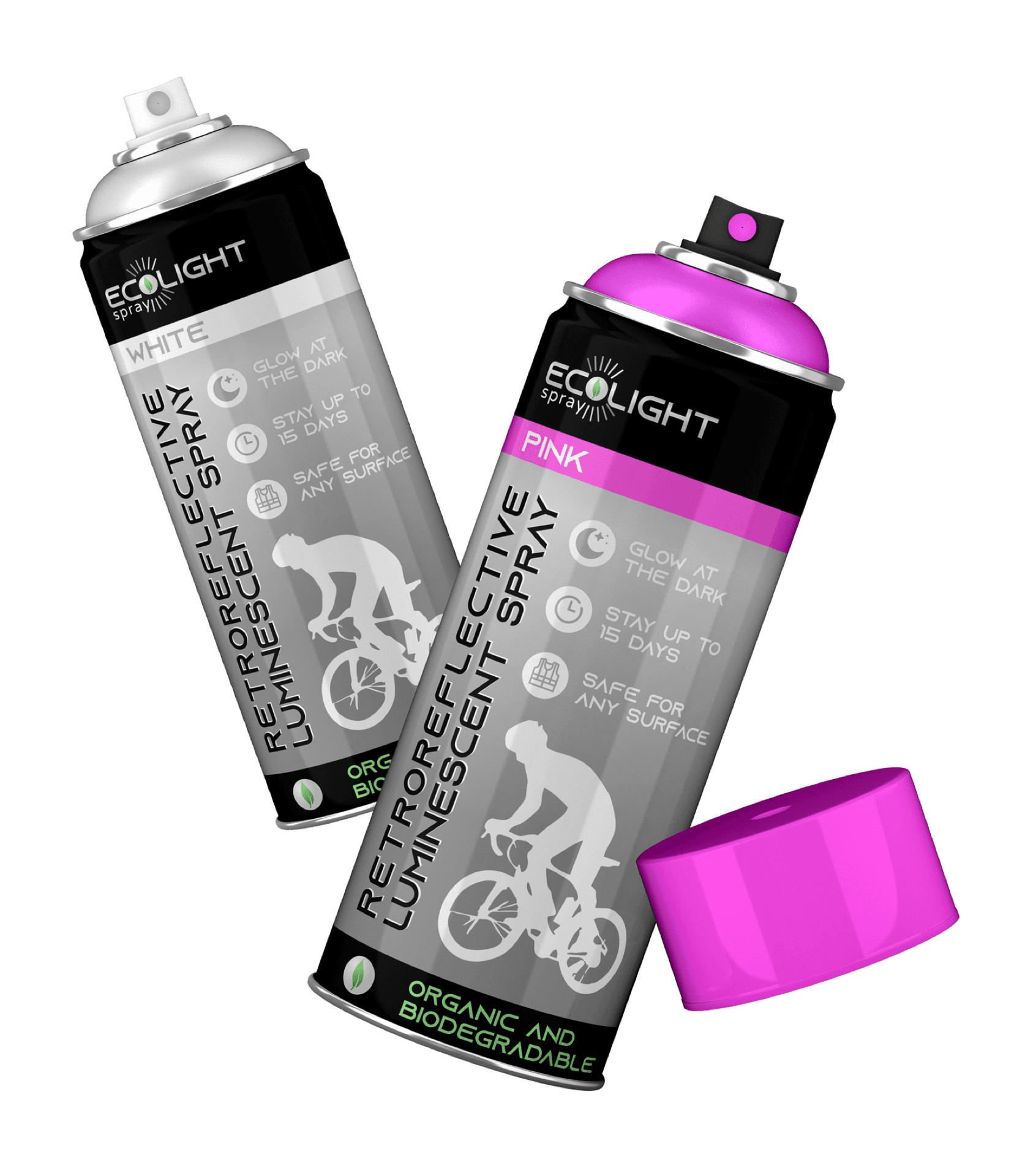 EcoLite spray cans in pink, white and green